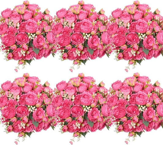 6 Pcs Peonies Artificial Flowers Bulk, Blush Pink Silk Peonies Fake Bouquet for Floral Centerpieces, Red Realistic Faux Peony Flower for Flower Arrangements Wedding Decoration vase