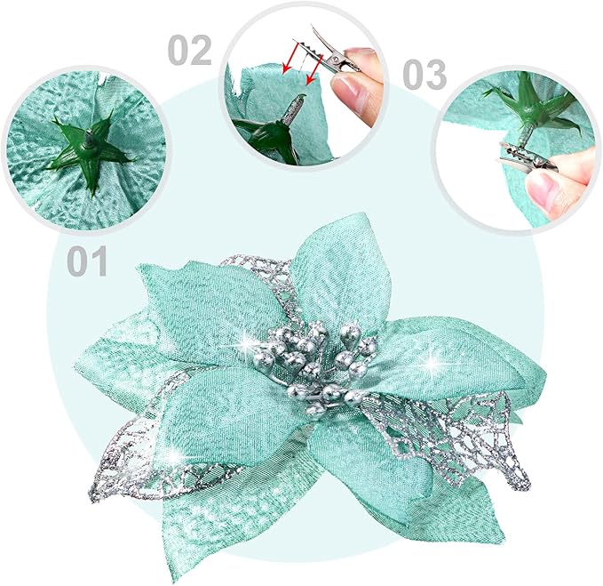 WILLBOND 36 Pieces Christmas Poinsettia Glitter Faux Flowers Christmas Artificial Flowers Tree Ornaments Topper Xmas Decorations(Blue-Green)