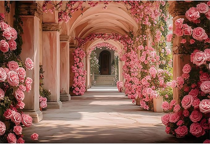 Baocicco 9x6ft Pink Flowers Backdrops for Photoshoot Rose Arch Corridor European Carving Wall Photo Background for Women Bridal Shower Birthday Marriage Valentines Mothers Day Backdrop Decorations
