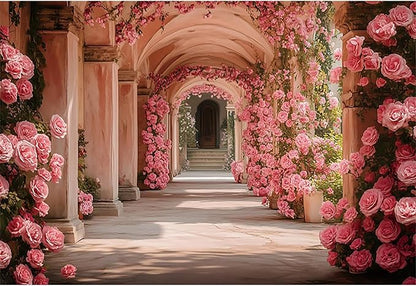 Baocicco 9x6ft Pink Flowers Backdrops for Photoshoot Rose Arch Corridor European Carving Wall Photo Background for Women Bridal Shower Birthday Marriage Valentines Mothers Day Backdrop Decorations