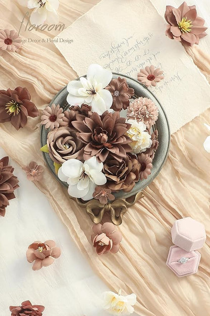 Floroom Mini Artificial Flower Heads Brown & Taupe Fake Peony Daisy Rose Multicolor Small Faux Silk Flower Heads for Cake Craft Garland Wedding Party Graduation Cap DIY Home Decoration, 0.8"-3.6"
