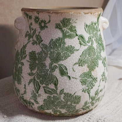 Vintage Ceramic Vase with Green Floral Pattern, White and Green, Crackle Glazed Finish, Decorative Garden Design (Large - Belly Jar with Drainage Hole)