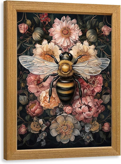 LLEEMPI William Morris Wall Art, Vintage Bee Floral Wall Decor, Insect Flower Canvas Painting, Abstract Nature Botanical Poster Print for Living Room Bedroom Kid Room Hallway Wood Framed 8x10 inch