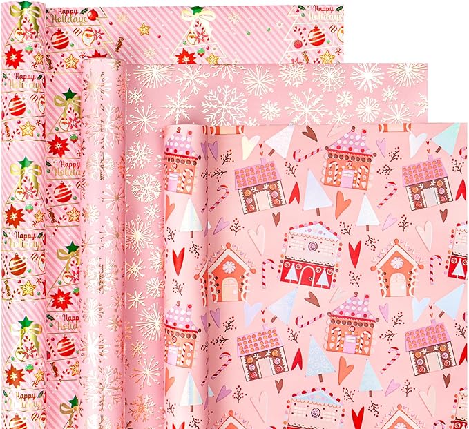 WRAPAHOLIC Christmas Wrapping Paper Roll - Mini Roll - 3 Rolls - 17 Inch X 120 Inch Per Roll - Pink Christmas tree, House, Snowflake Holiday Collection