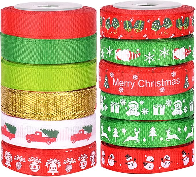 12 Rolls Christmas Wrapping Ribbons Grosgrain Satin Ribbons Red Green Gold Snowflake Merry Christmas Tree Snowman Santa Claus 10mm Wide for Holiday Festival Gift DIY Craft Decor, 60 Yard Total