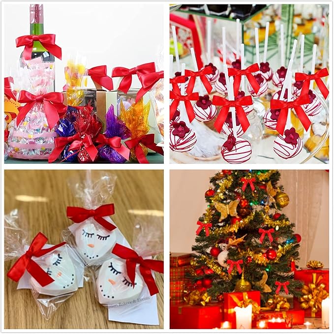 100 Pieces Red Bow Twist Ties for Bags, Satin Twist Tie Bows for Cake Pops, Twist Bows for Treats, Pre Tied Bows for Gifts Wrapping, Ribbon Bows, Pretied Bows Ties for Christmas Gift Wrap Bows