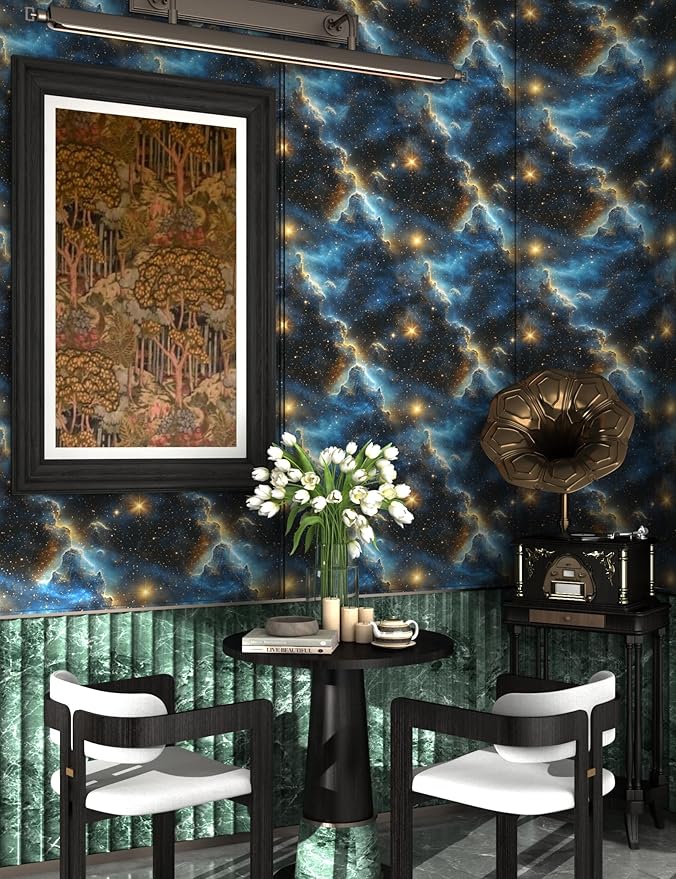 Starry Night Sky Wallpaper Peel and Stick 17.4" x 394" Dark Blue Galaxy Contact Paper Modern Space Wallpaper for Bedroom Cabinet Bathroom Home Decor