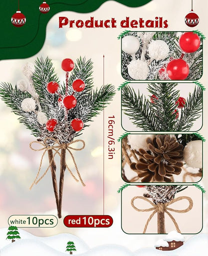 20 Pack 8inch Artificial Christmas Floral Picks, Red and White Fake Berry Picks Stems, Pine Branches Pick, Faux Floral Pick with Pinecones Holly Leaves for Vase Floral Arrangement Wreath Decor Crafts