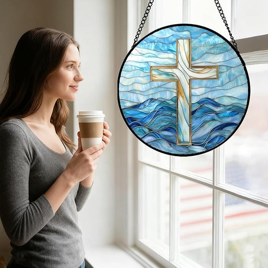 Christian Gifts for Women - Blue Cross Stained Glass Window Hanging Jesus Easter Ocean Waves Sun Catcher Garden Religion Decor Mother's Day Catholic Gift for Men Grandma Mom Her Nana 9.8"