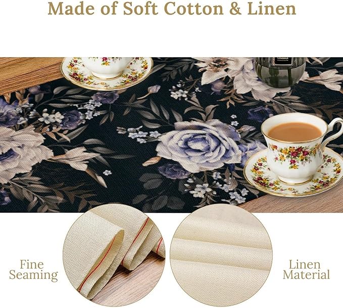 Dark Botanical Table Runner, Gothic Vintage Purple Garden Flowers Herbs Print Print Table Cover for Kitchen Dining Home Decor Wreath Party Decoration, 13x70inch