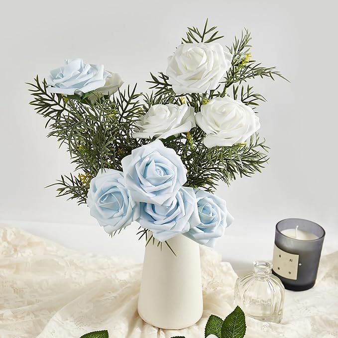 Artificial Flowers, 25pcs Blue Artificial Rose for DIY Wedding Bouquets Centerpieces Arrangements, Fake Flower with Stems for Party Home Decorations