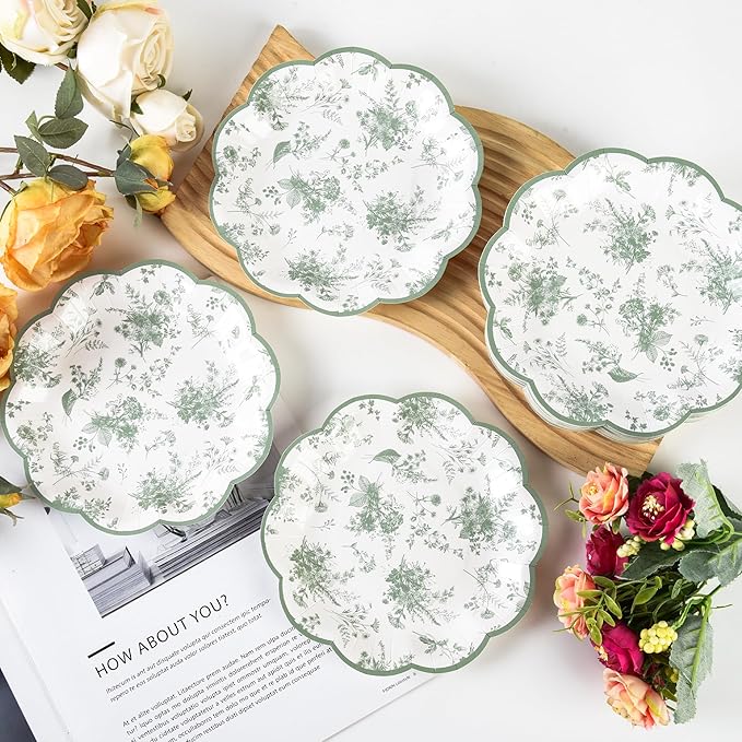 24Pcs Sage Green Floral Party Plates Vintage Floral Leaf Disposable Paper Plates Wildflower Toile 7" Scalloped Rim Dessert Plate for Christmas Birthday Bridal Tea Party Supplies
