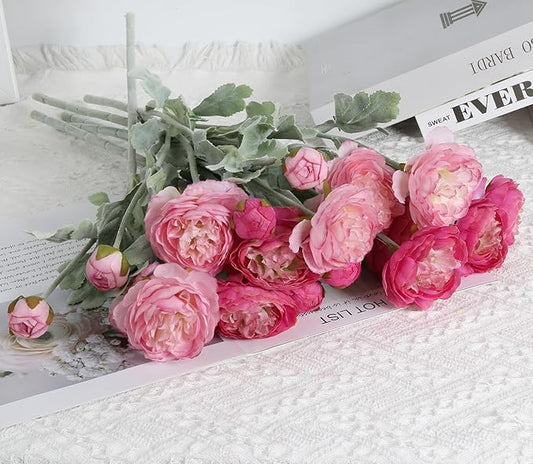 IPOPU Fake Peonies Artificial Ranunculus Flowers 6pcs 18Heads Pink Flowers Combo Hot Pink Silk Flowers 20.47" Artificial Flowers Bulk for Faux Floral Arrangements Home Table Decor (Multi-Pink)