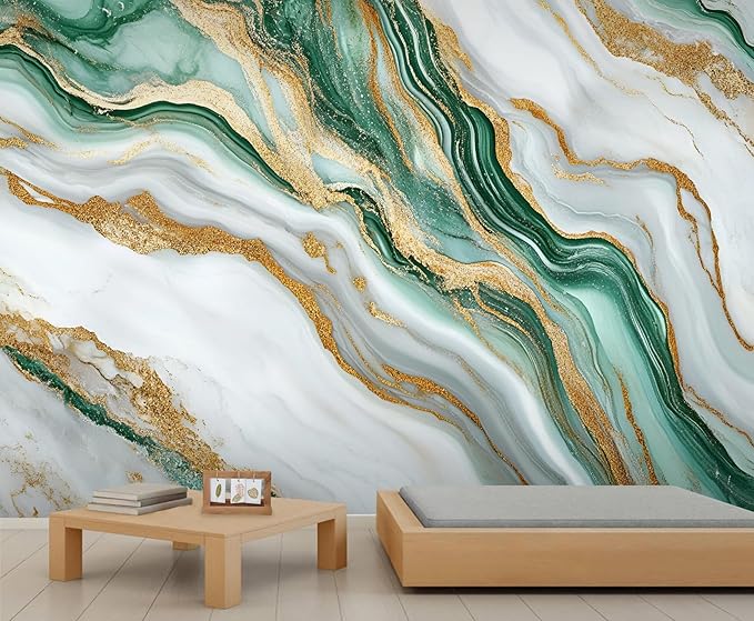 Green Gold Marble Wall Mural, Elegant Marble 3D Wall Murals, Luxury Stone Texture Wallpaper Mural, for Living Room Bedroom Large Wallpaper Indoor Decor 59" W x39.4 H