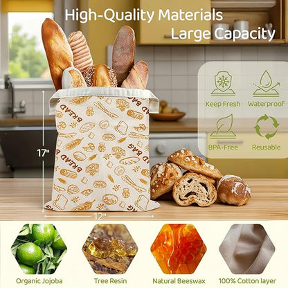 2 Pack XL Beeswax Bread Bags with Zipper Seal – Reusable Cotton Linen Waxed Bread Bags for Homemade Bread, Sourdough Storage, Eco-Friendly Bees Wax Bag Alternative to Plastic (2)