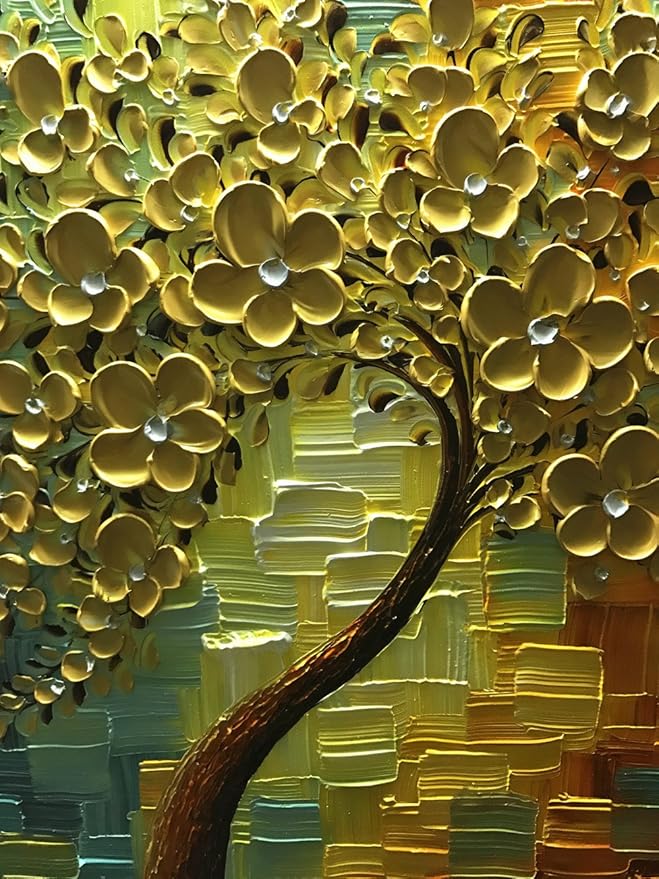 YaSheng Art - 3D Oil Paintings On Canvas Golden Flowers Tree Paintings Abstract Artwork Wall Art For living Room,Dinning Room Home Decor Framed Stretched Ready to Hang 24x24inch