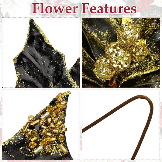 DILATATA 3 Pcs Artificial Christmas Flowers 11 Inch Glitter Poinsettia Picks Christmas Tree Ornaments Topper Decorations Black Poinsettias Flowers for Xmas New Year Wreath Garland Wedding Party Decor