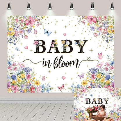 Baby in Bloom Backdrop Wildflower Baby Shower Party Photography Background Spring Floral Gold Glitter Butterfly Banner for Girls Baby Shower Newborn Birthday Party Decorations (94X70 inch (8x6FT))