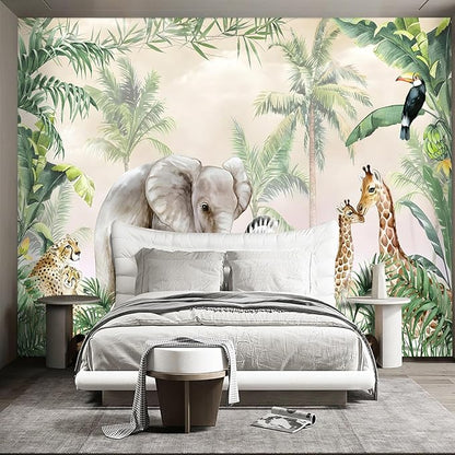 Tropical Animal Plants Peel and Stick wallpeper Nursery Kids Bedroom Elephant Wall murals for Bedroom Living Room - 85"x118"