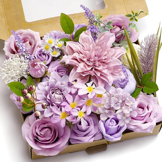 Artificial Flower Combination Box Set Artificial Flower Loose Leaves and Stems DIY Wedding Center Bouquet Bride Wedding Baby Shower（Lavender Lilac）
