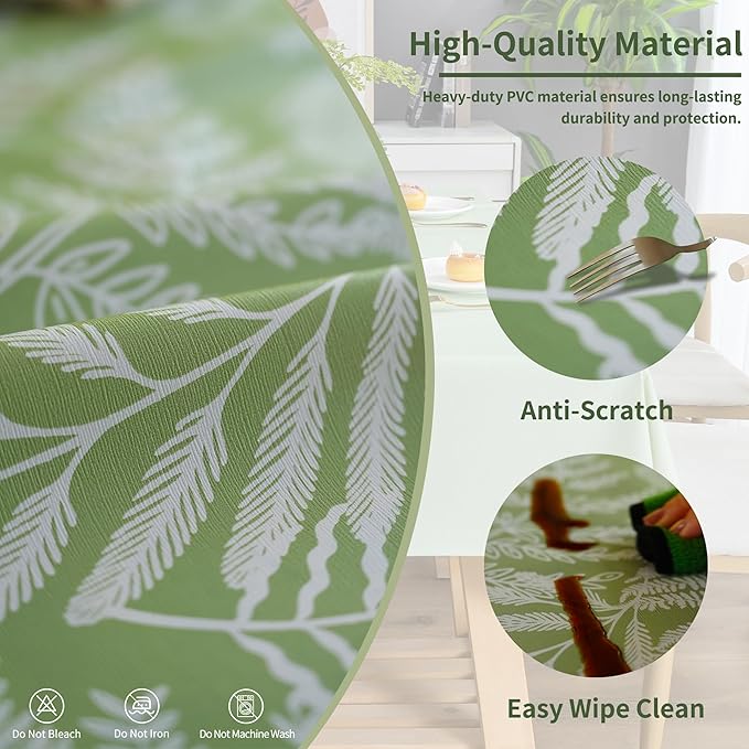 Rectangle Table Cloth,100% Waterproof Tablecloth Oil Proof Spill Proof Vinyl Table Cloth, Wipe Clean Plastic Table Cover for Dining, Camping, Indoor and Outdoor 52" x 70",Green Leaves