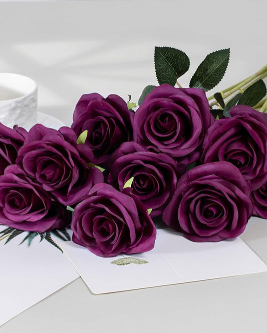 uHouse 10pcs Fake Roses Artificial Silk Flowers Faux Rose Flower Long Stems Bouquet for Arrangement Wedding Centerpiece Party Home Kitchen Decor(Plum)