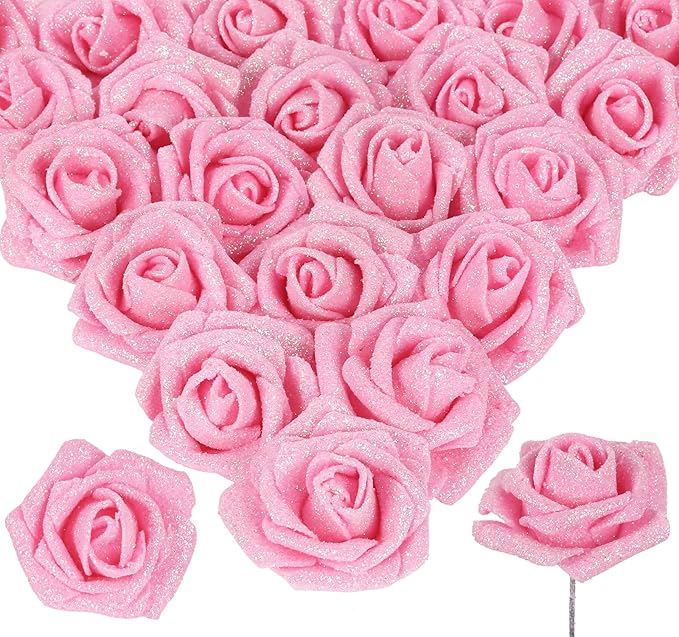Pink Glitter Roses 30pcs Pink Roses Artificial Flowers with Glitter 2.56" Artificial Roses with Stems Fake Pink Roses for Baby Shower Decorations Flower Centerpieces for Table (Pink)