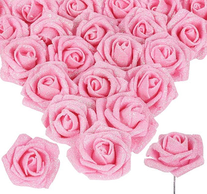 Pink Glitter Roses 30pcs Pink Roses Artificial Flowers with Glitter 2.56" Artificial Roses with Stems Fake Pink Roses for Baby Shower Decorations Flower Centerpieces for Table (Pink)