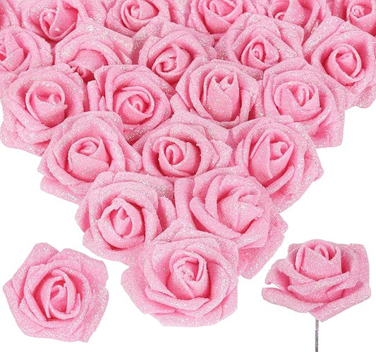 Pink Glitter Roses 30pcs Pink Roses Artificial Flowers with Glitter 2.56" Artificial Roses with Stems Fake Pink Roses for Baby Shower Decorations Flower Centerpieces for Table (Pink)