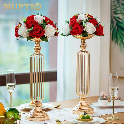 NUPTIO Pcs of 6 Fake Flower Ball Arrangement Bouquet,15 Heads Plastic Roses with Base, Suitable for Our Store's Wedding Centerpiece Flower Rack for Parties Valentine's Day Home Décor (Red & White)