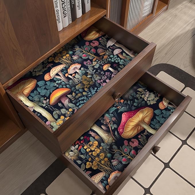 Wallpaper Peel and Stick Vintage Mushroom Contact Paper Floral Wall Paper for Shelf Liner Cabinet Bedroom Removable Waterproof Black Colorful 17.5 x 393.5In