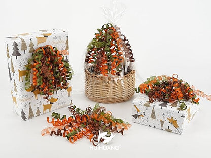 HUIHUANG Fall Bows for Gift Wrapping Moss Green/Orange/Brown Curly Bows with Self Adhesive & Twist Tie, 7 inch Sheer Satin Ribbon Bow for Presents, Gift Basket, Fall Decor, Party Favors- 6 Counts