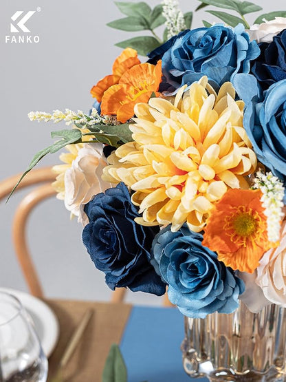 FANKO Artificial Flowers Navy Blue Rose, Mixed Fake Silk Flowers Combo Cream Rose Yellow Chrysanthemum Vintage Assorted Blooms for DIY Wedding Bridal Bouquets/Centerpieces/Home Decor