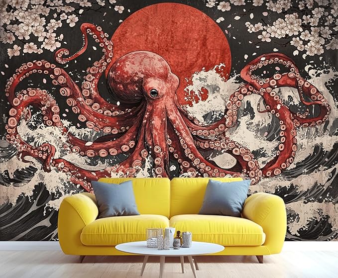 KIREUPA Japanese Wave Octopus Wall Mural, Japanese Traditional 3d Wall Murals, Ocean and Octopus Wallpaper Mural, for Living Room Bedroom Large Wallpaper Indoor Decor 59" W x39.4 H
