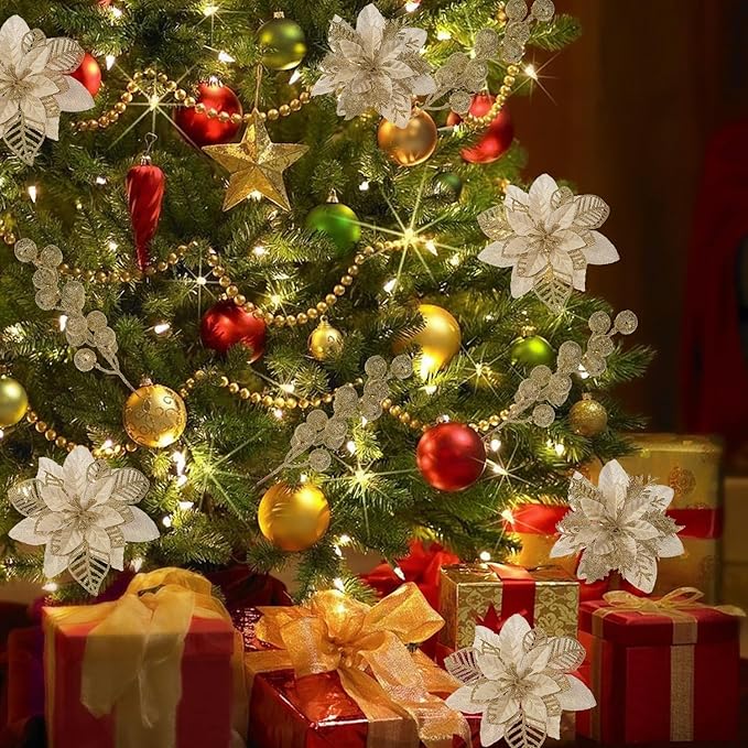 24 Pcs Gold Boxed Christmas Poinsettia Flowers Set, 16 Pcs Artificial Poinsettias with Clips, 8 pcs Glitter Christmas Tree Ornaments Berry Stems for Wedding Home Holiday Xmas New Year Decorations