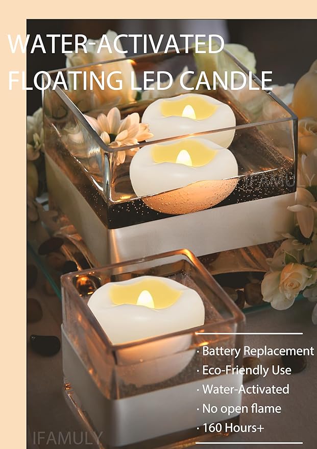Floating Candles, 24 Packs 2.3 Inch Flameless LED Candle, 160+ Hour Battery Operated Waterproof Tealights for Wedding Centerpieces Marriage Proposals Pool Party Cylinder Vases Spa Christmas New Year