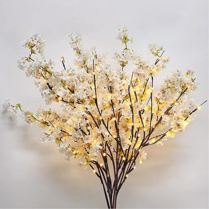 Sunm Boutique 3 PCS Silk Cherry Blossom Branches, Lighted Brown Twig Branches, Artificial White Cherry Blossom Flower, Cherry Blossom Stems Decor Faux Cherry Blossom Tree for Wedding Home Decor, 39'