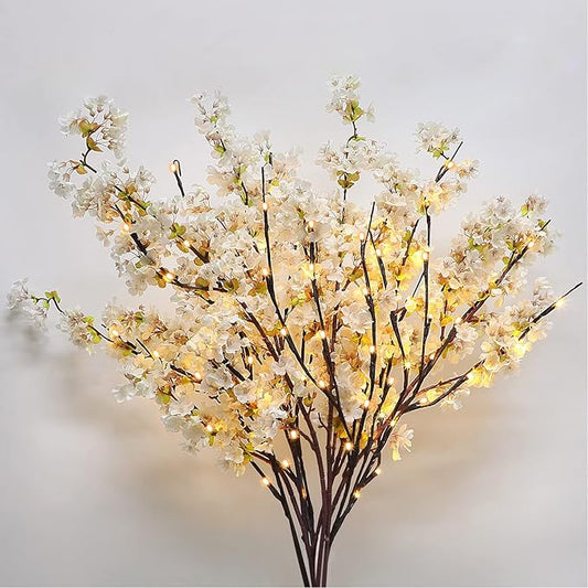 Sunm Boutique 3 PCS Silk Cherry Blossom Branches, Lighted Brown Twig Branches, Artificial White Cherry Blossom Flower, Cherry Blossom Stems Decor Faux Cherry Blossom Tree for Wedding Home Decor, 39'
