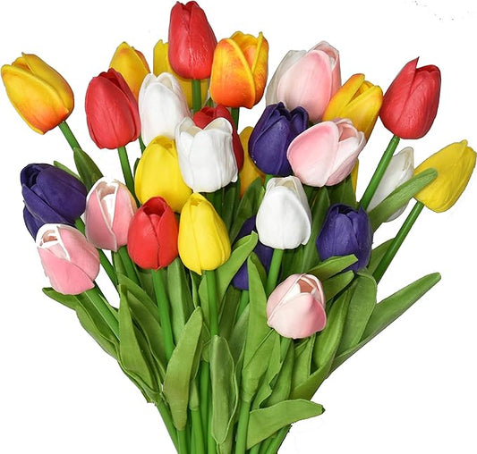 24pcs Multicolor Artificial Tulips Flowers Fake Faux PU Tulip Bouquet Real Touch Flower Arrangement for Home Room Office Party Wedding Decoration Excellent Gift Idea for Mothers Day
