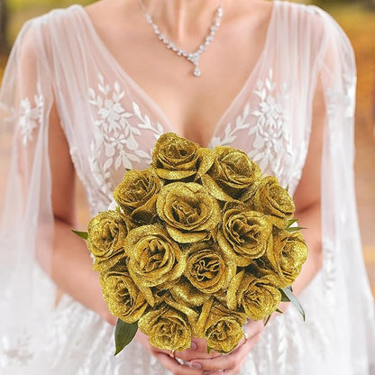 Gold Roses Artificial Flowers,30PCS Glitter Roses Bouquet Faux Roses with Stems for DIY Crafts Wedding Bouquet Party Home Decor(Gold)