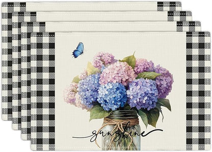 Farmhouse Hydrangea Placemats Set of 4, Country Sunshine Flowers Place Mats, Rustic Spring Butterfly Dining Table Mats, Washable Placemats for Kitchen Dining Room 18L'' × 12W''