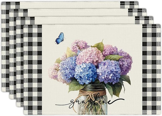 Farmhouse Hydrangea Placemats Set of 4, Country Sunshine Flowers Place Mats, Rustic Spring Butterfly Dining Table Mats, Washable Placemats for Kitchen Dining Room 18L'' × 12W''