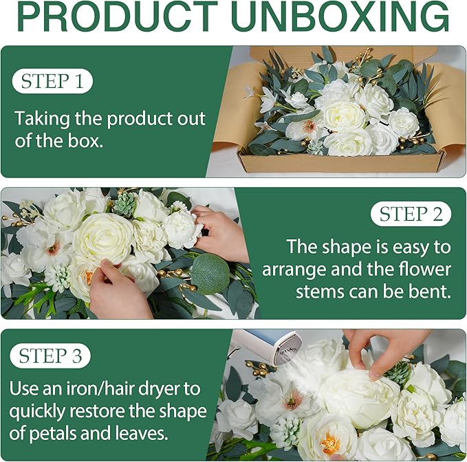 Wedding Arch Flowers (2pack),Flower Arch Stand,Flower Garland,for Wedding Outdoor Decorations Floral swags and Garlands Chair Decorations etc isle Decor,Reusable.（White）