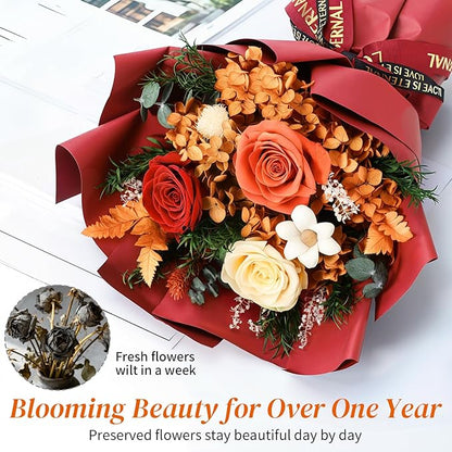Lewondr Flower for Delivery, Preserved Flowers Bouquet, Orange Roses Bouquet, Real Long-Lasting Forever Birthday Flowers Gifts for Mom Best Friend Mothers Day Christmas Graduation, Dark-Orange