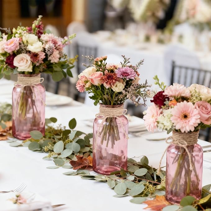 Vintage Glass Flower Vase，12 Pack Pink Farmhouse Glass Centerpiece Vases Mason Jars for Weddings, Parties & Home Decor Bulk (12, Pink)