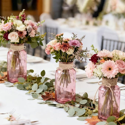 Vintage Glass Flower Vase，6 Pack Pink Farmhouse Glass Centerpiece Vases Mason Jars for Weddings, Parties & Home Decor Bulk (6, Pink)