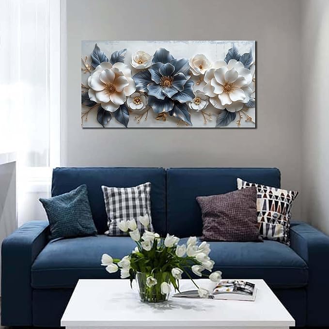 Flower Prints Wall Art for Living Room Blue and White Paintings for Wall Office Wall Decor for Bedroom Aesthetic Size 20" x 40"