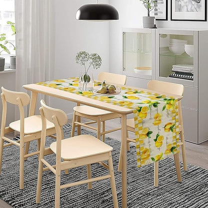 Lemon Table Runner, Summer Yellow Fruits Green Leaves Kitchen Dinning Table Decoration for Indoor Outdoor Home Party Decor 13x36 in