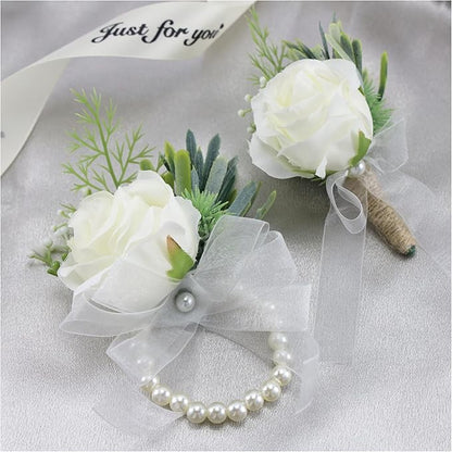 SITUMEIZI Ivory Rose Wrist Corsage and Boutonniere Set Corsage Wristlet Band Bracelet for Prom Decor Boutonniere for Men Wedding White Flowers Accessories Party Suit Decoration