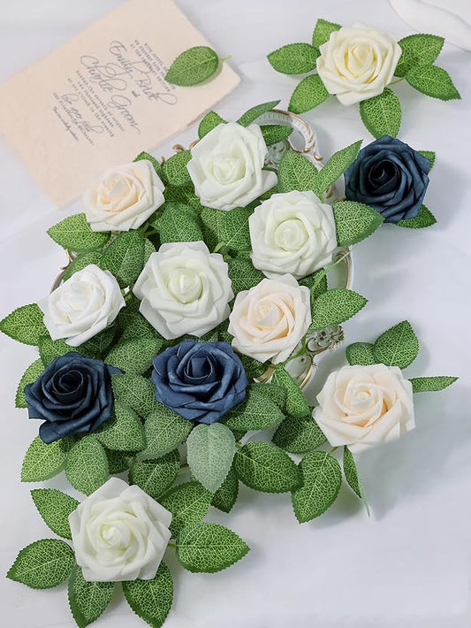 Meldel Artificial Flower 25pcs Real Looking Ivory White Fake Foam Roses with Stems for DIY Wedding Bouquets Gifts Bridal Shower Faux Floral Centerpieces Arrangements Home Party Tables Decorations